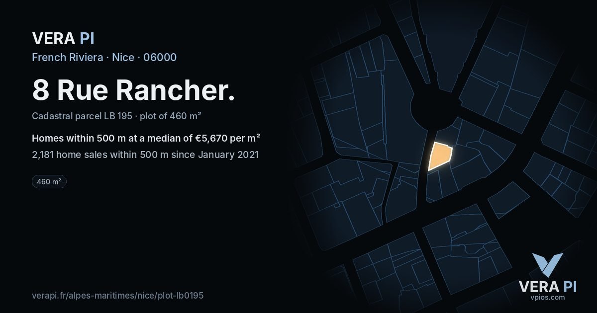 8 Rue Rancher, Nice at night – the plot lit, the parcels around coloured by the prices near them