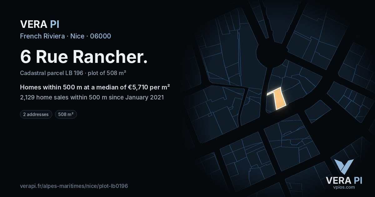 6 Rue Rancher, Nice at night – the plot lit, the parcels around coloured by the prices near them