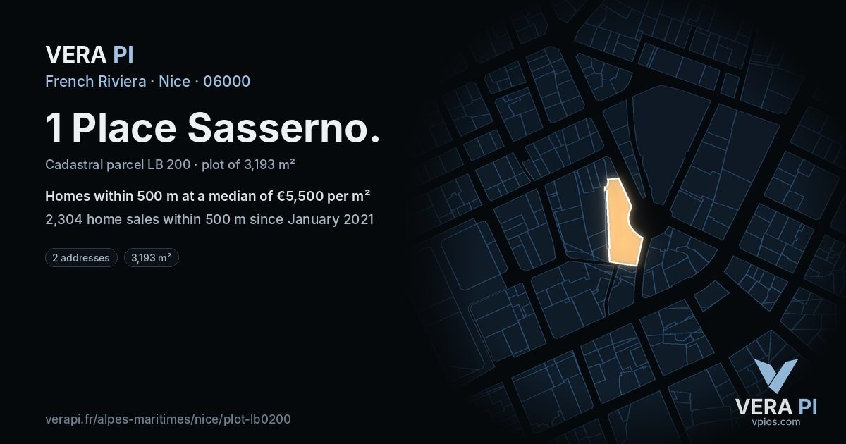 1 Place Sasserno, Nice at night – the plot lit, the parcels around coloured by the prices near them