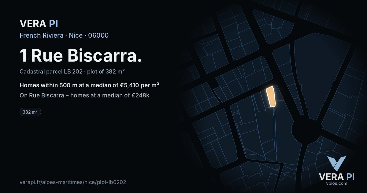 1 Rue Biscarra, Nice at night – the plot lit, the parcels around coloured by the prices near them