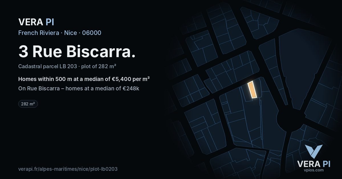 3 Rue Biscarra, Nice at night – the plot lit, the parcels around coloured by the prices near them