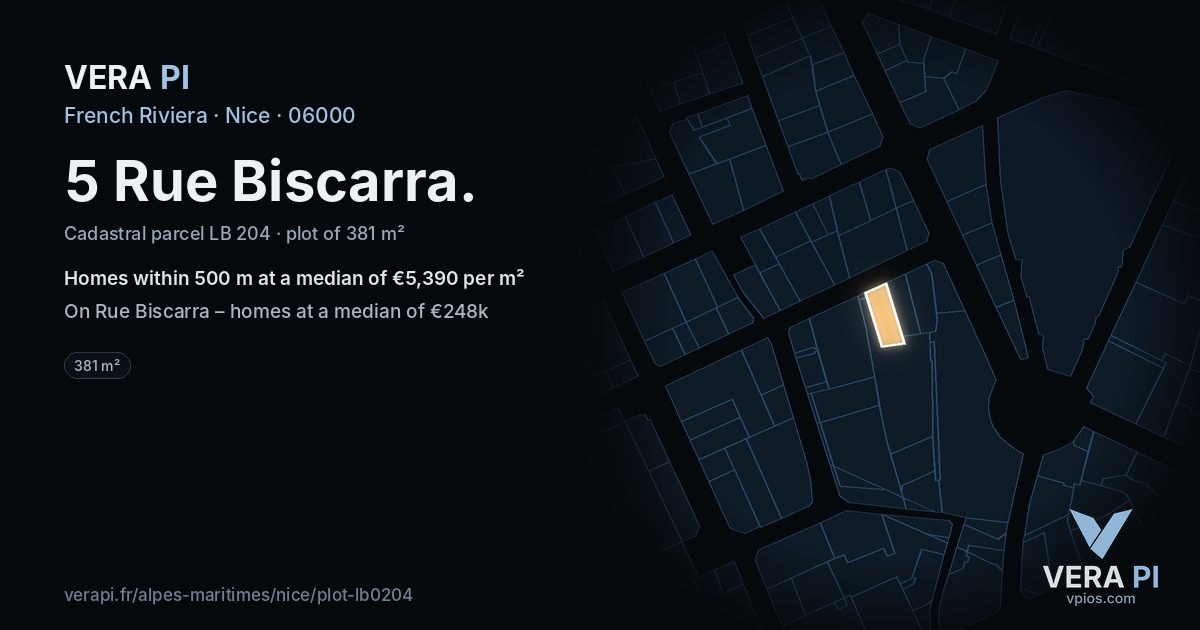 5 Rue Biscarra, Nice at night – the plot lit, the parcels around coloured by the prices near them