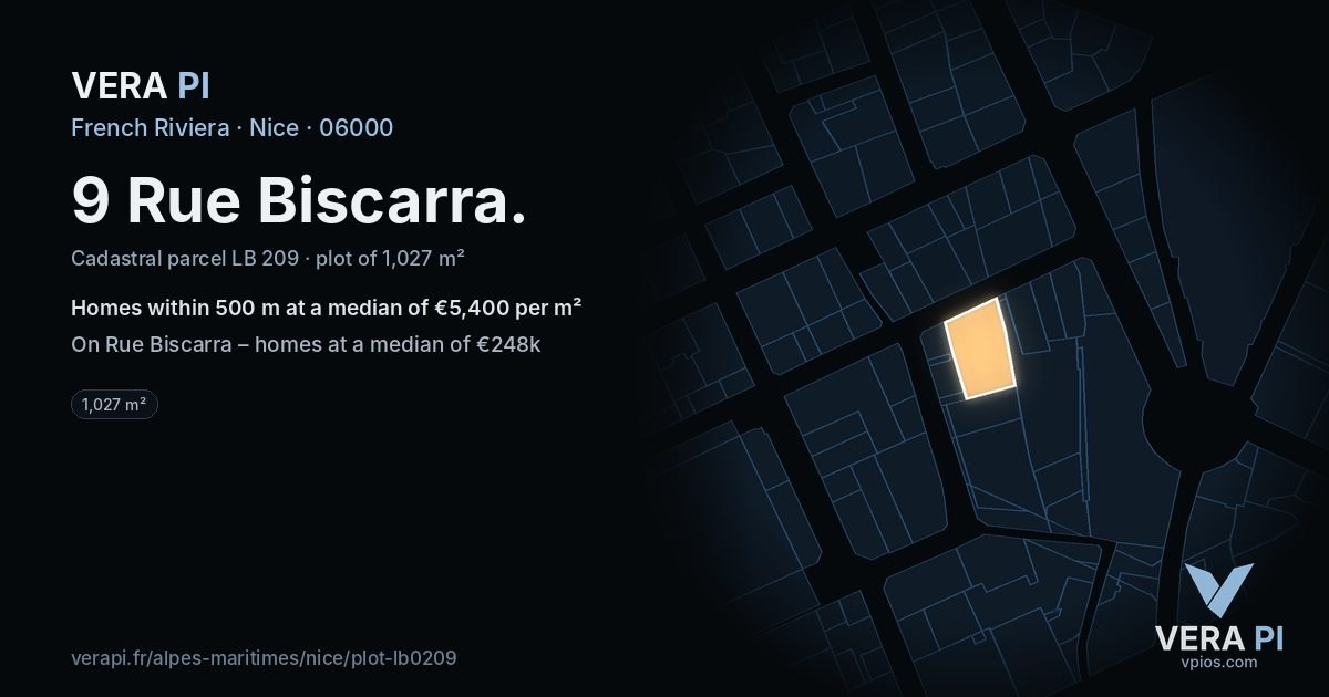 9 Rue Biscarra, Nice at night – the plot lit, the parcels around coloured by the prices near them