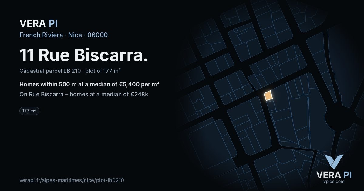 11 Rue Biscarra, Nice at night – the plot lit, the parcels around coloured by the prices near them