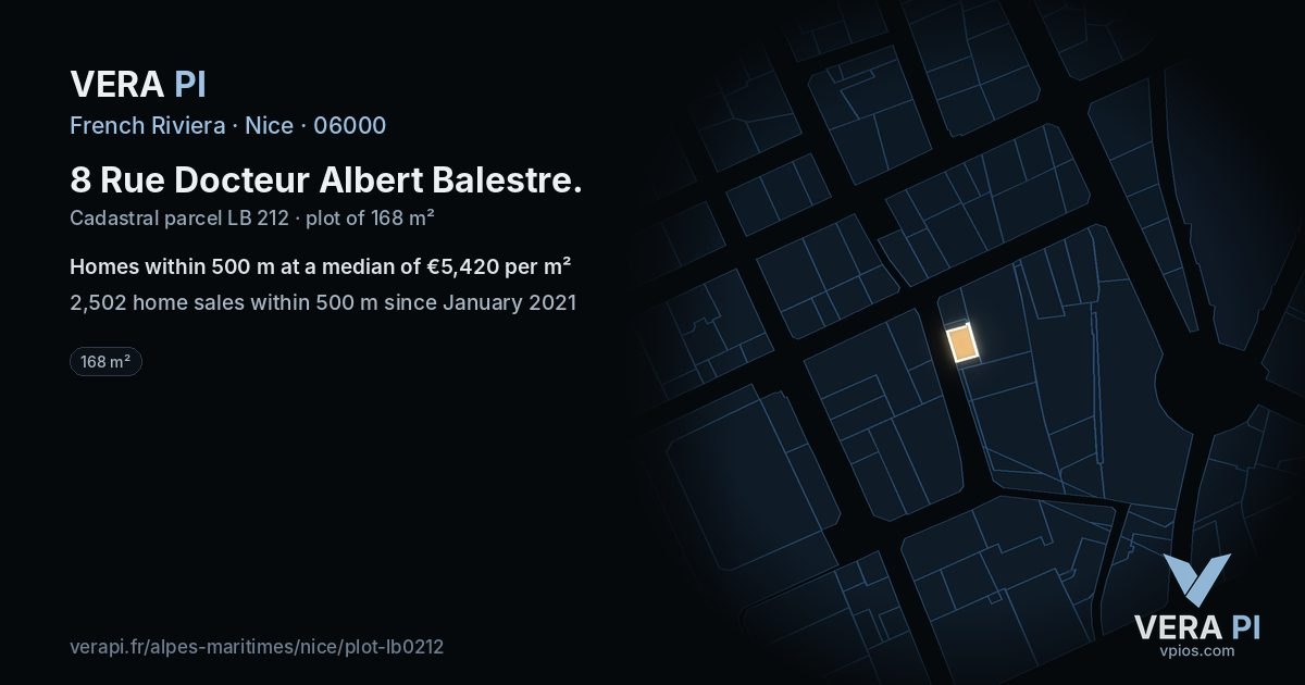 8 Rue Docteur Albert Balestre, Nice at night – the plot lit, the parcels around coloured by the prices near them