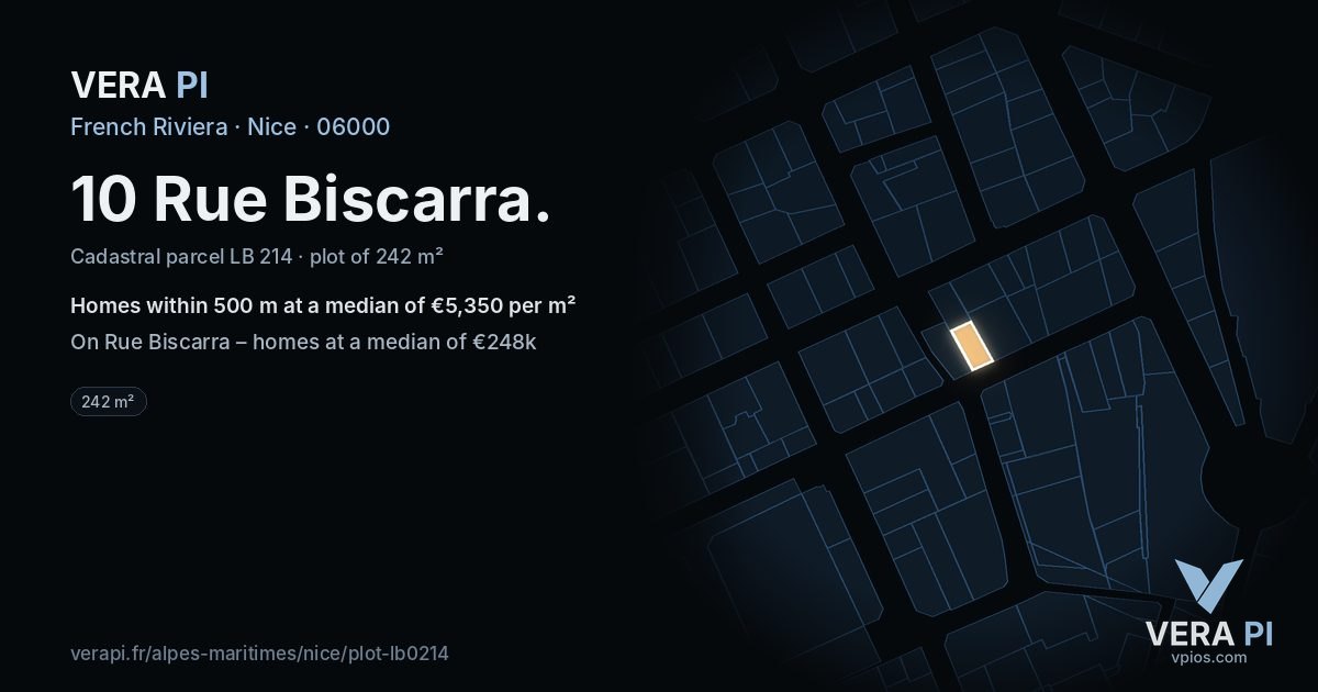 10 Rue Biscarra, Nice at night – the plot lit, the parcels around coloured by the prices near them
