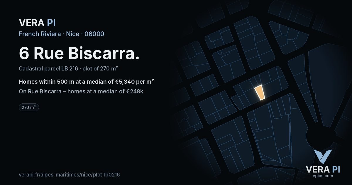 6 Rue Biscarra, Nice at night – the plot lit, the parcels around coloured by the prices near them