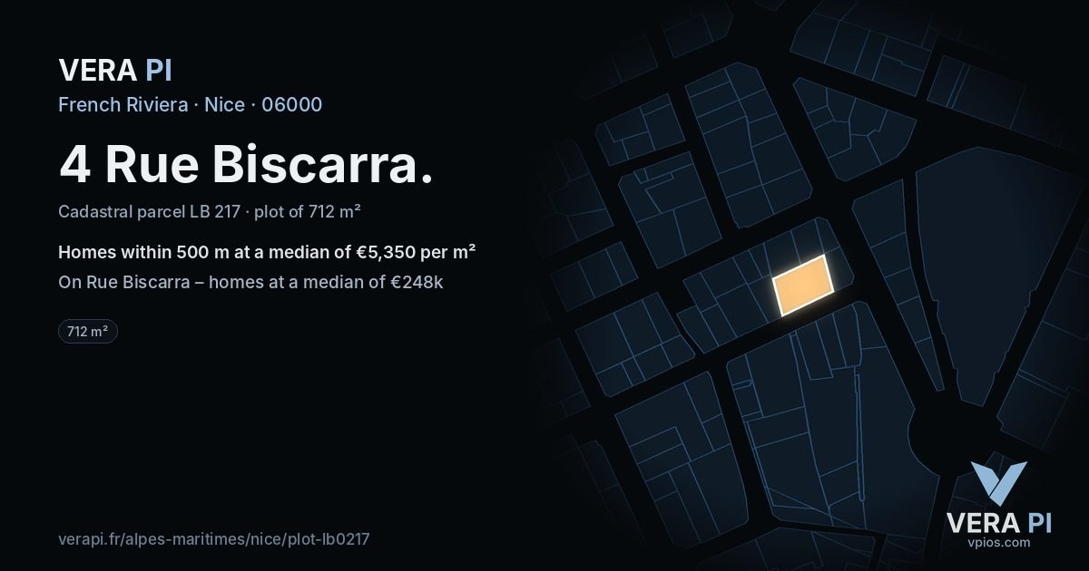 4 Rue Biscarra, Nice at night – the plot lit, the parcels around coloured by the prices near them