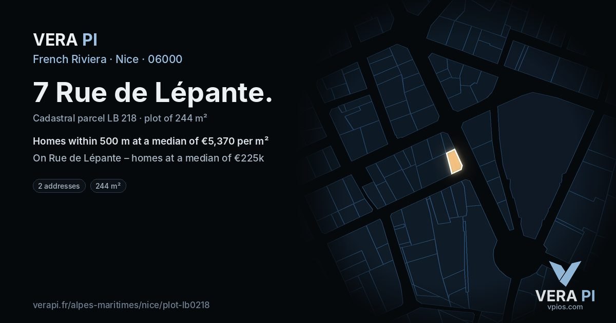 7 Rue de Lépante, Nice at night – the plot lit, the parcels around coloured by the prices near them