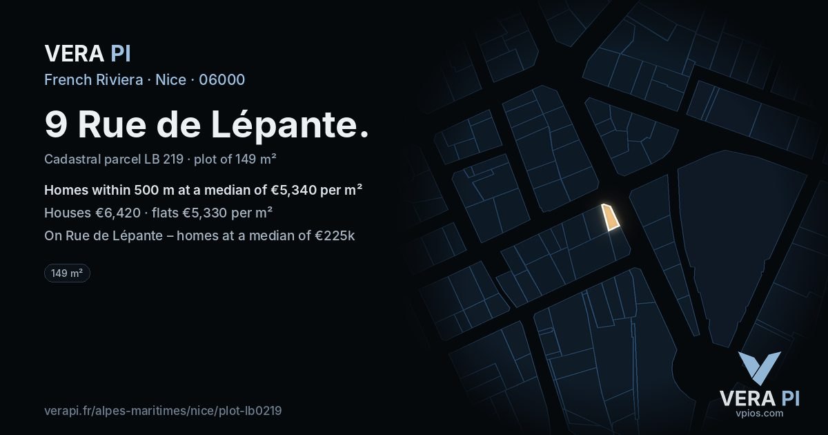 9 Rue de Lépante, Nice at night – the plot lit, the parcels around coloured by the prices near them