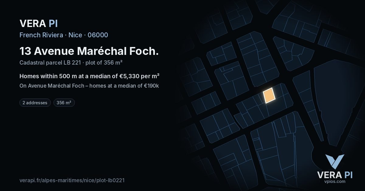 13 Avenue Maréchal Foch, Nice at night – the plot lit, the parcels around coloured by the prices near them