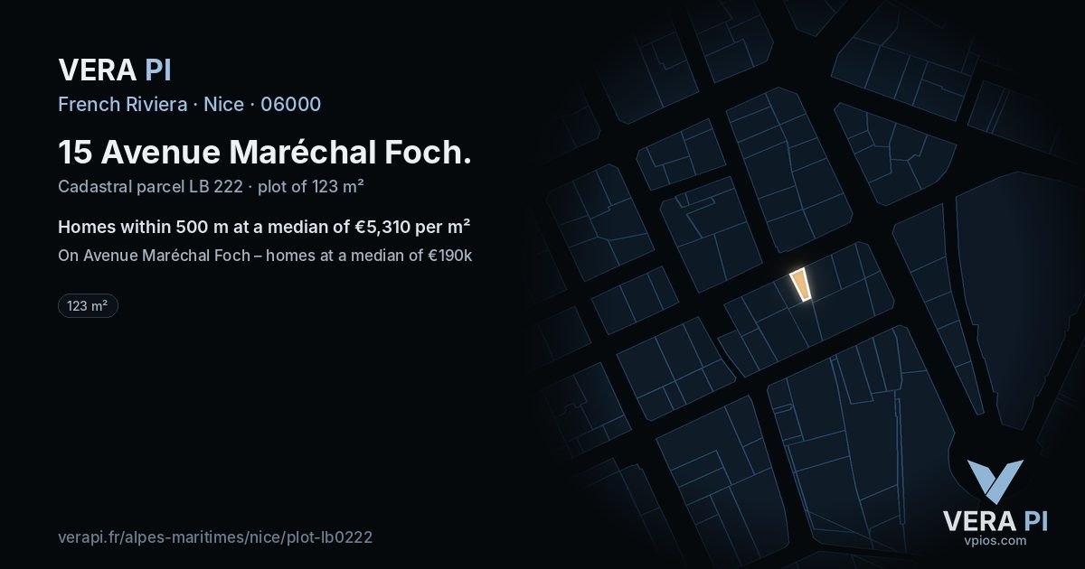 15 Avenue Maréchal Foch, Nice at night – the plot lit, the parcels around coloured by the prices near them