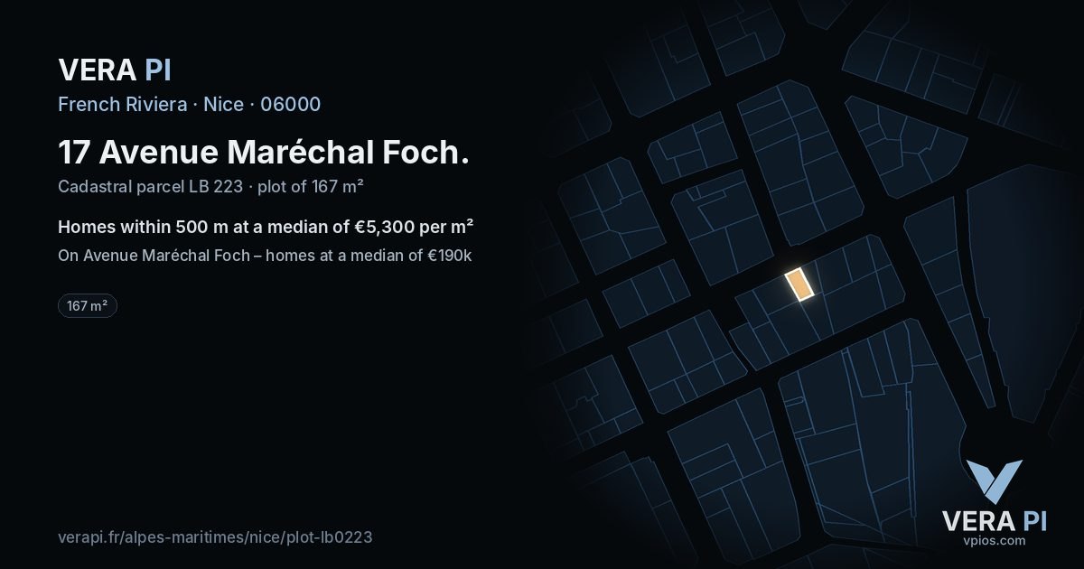 17 Avenue Maréchal Foch, Nice at night – the plot lit, the parcels around coloured by the prices near them