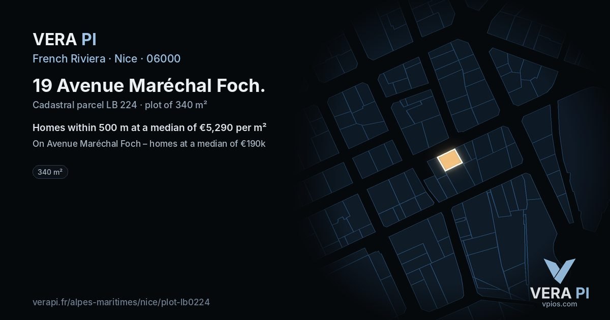 19 Avenue Maréchal Foch, Nice at night – the plot lit, the parcels around coloured by the prices near them