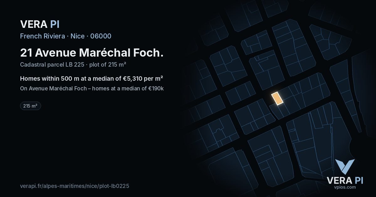 21 Avenue Maréchal Foch, Nice at night – the plot lit, the parcels around coloured by the prices near them