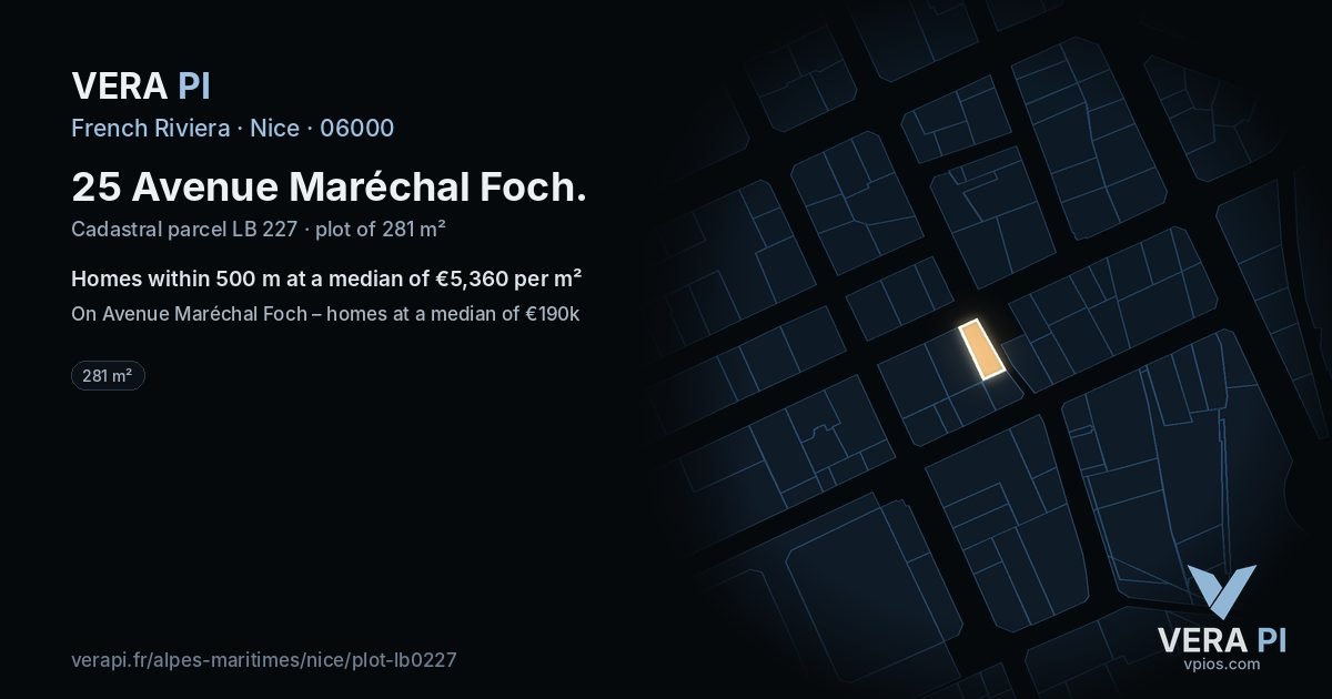 25 Avenue Maréchal Foch, Nice at night – the plot lit, the parcels around coloured by the prices near them