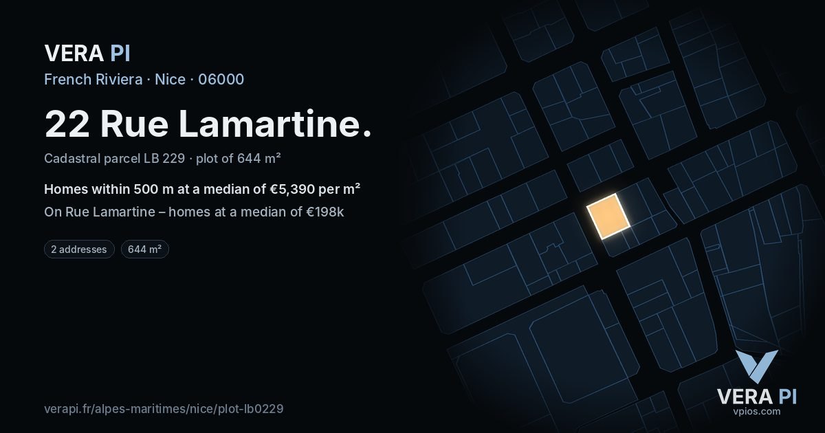 22 Rue Lamartine, Nice at night – the plot lit, the parcels around coloured by the prices near them