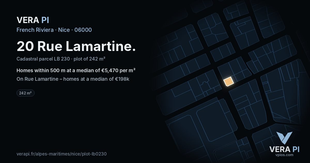 20 Rue Lamartine, Nice at night – the plot lit, the parcels around coloured by the prices near them