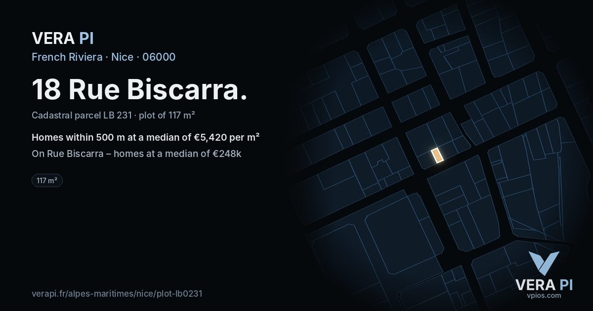18 Rue Biscarra, Nice at night – the plot lit, the parcels around coloured by the prices near them