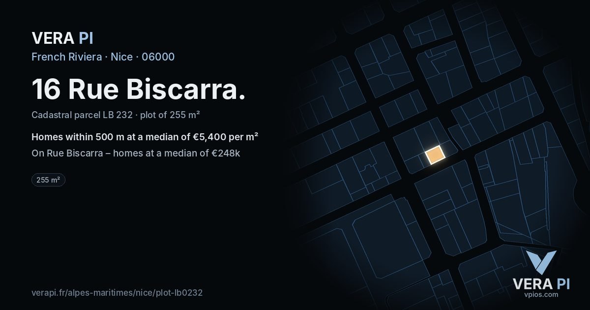 16 Rue Biscarra, Nice at night – the plot lit, the parcels around coloured by the prices near them