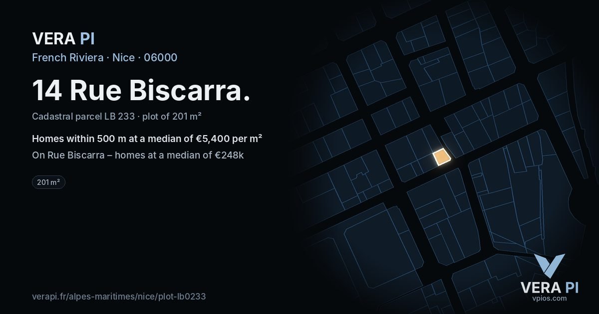 14 Rue Biscarra, Nice at night – the plot lit, the parcels around coloured by the prices near them
