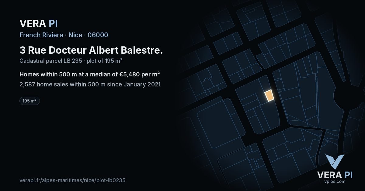 3 Rue Docteur Albert Balestre, Nice at night – the plot lit, the parcels around coloured by the prices near them