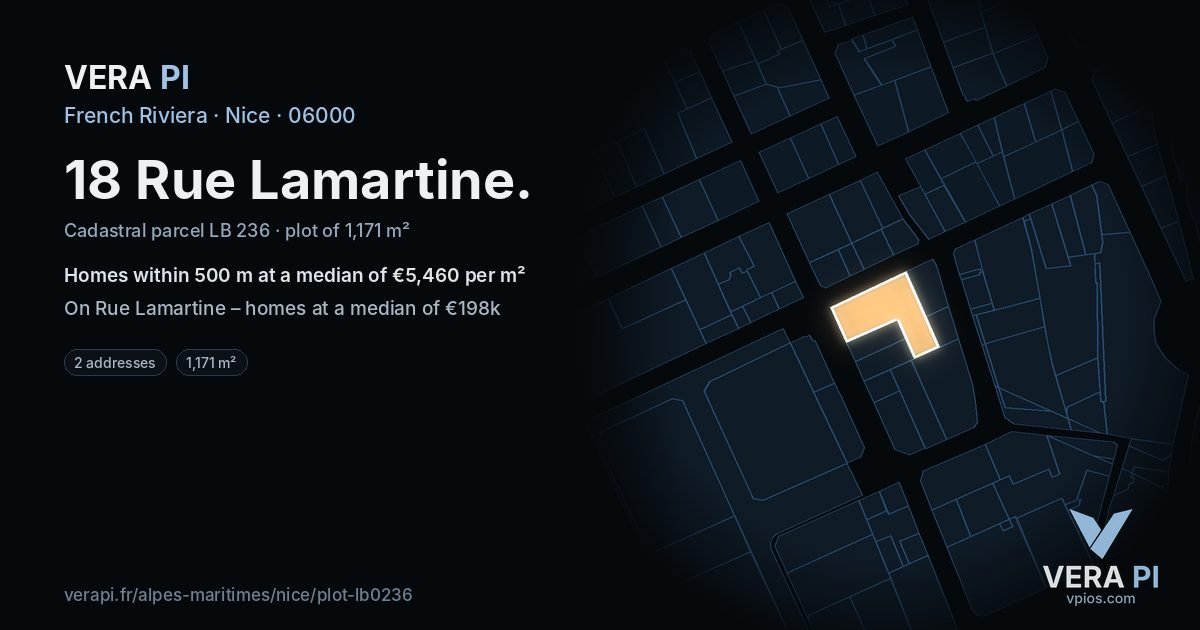 18 Rue Lamartine, Nice at night – the plot lit, the parcels around coloured by the prices near them