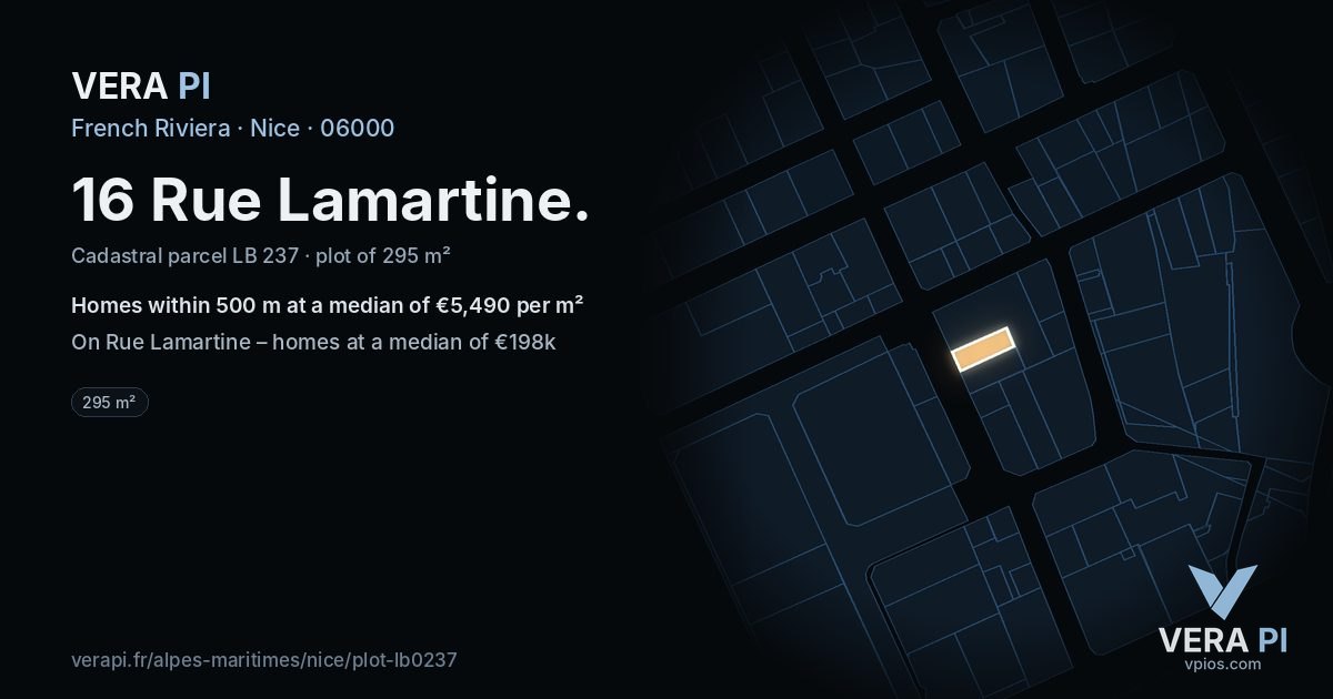 16 Rue Lamartine, Nice at night – the plot lit, the parcels around coloured by the prices near them