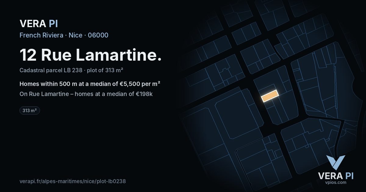 12 Rue Lamartine, Nice at night – the plot lit, the parcels around coloured by the prices near them