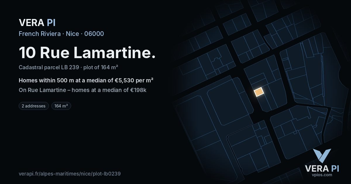 10 Rue Lamartine, Nice at night – the plot lit, the parcels around coloured by the prices near them
