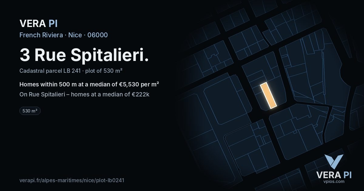3 Rue Spitalieri, Nice at night – the plot lit, the parcels around coloured by the prices near them