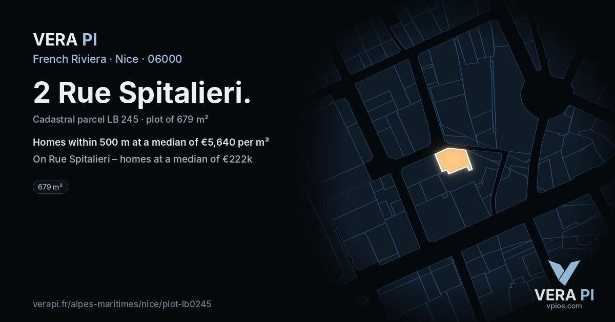 2 Rue Spitalieri, Nice at night – the plot lit, the parcels around coloured by the prices near them