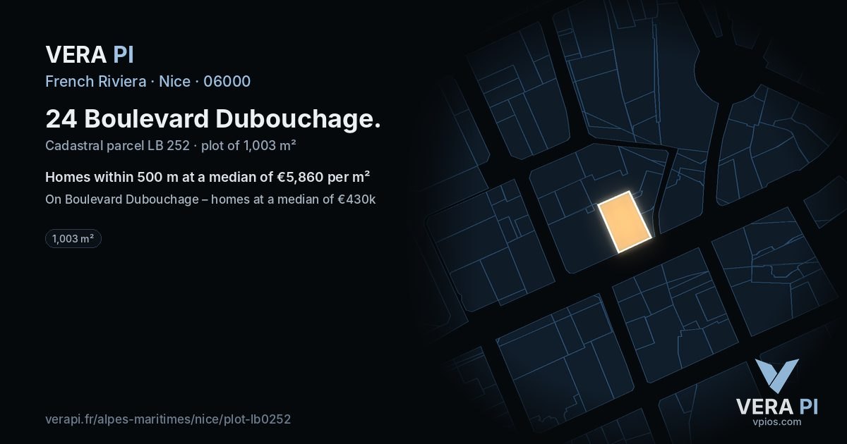 24 Boulevard Dubouchage, Nice at night – the plot lit, the parcels around coloured by the prices near them