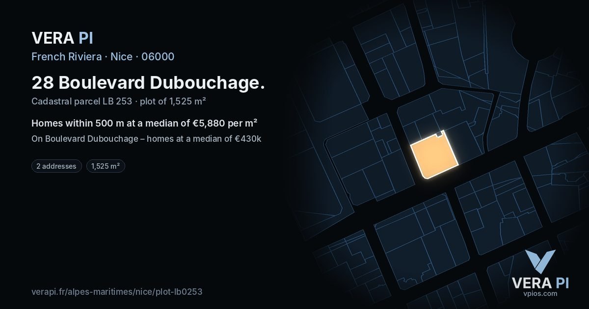 28 Boulevard Dubouchage, Nice at night – the plot lit, the parcels around coloured by the prices near them