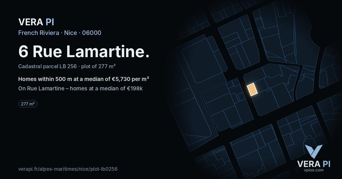 6 Rue Lamartine, Nice at night – the plot lit, the parcels around coloured by the prices near them