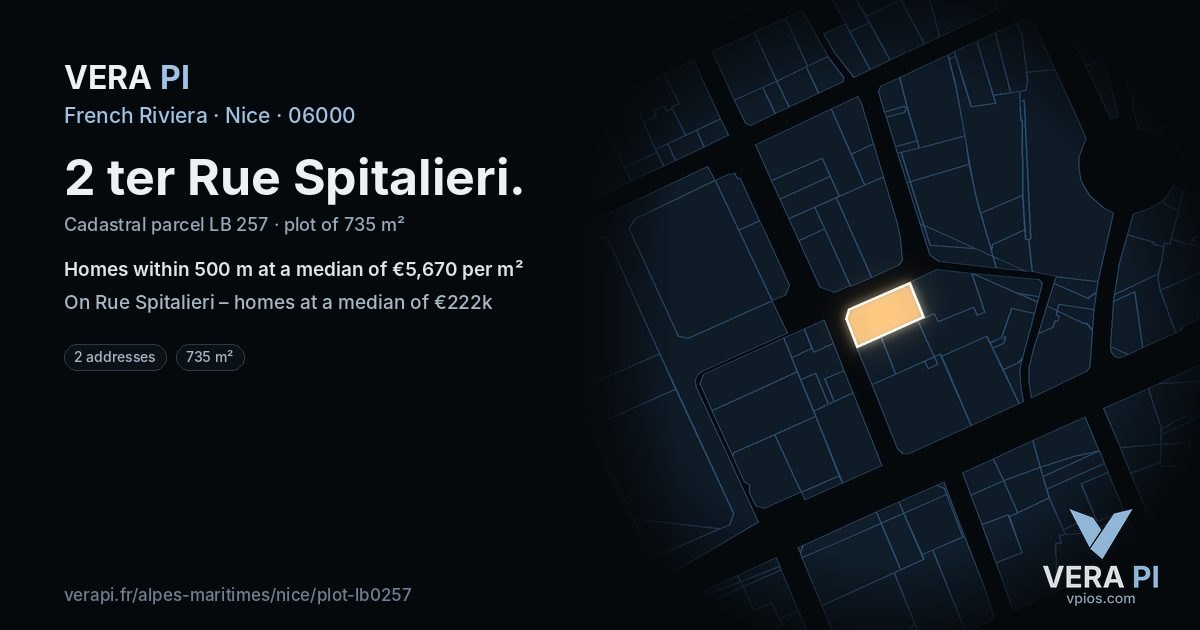 2 ter Rue Spitalieri, Nice at night – the plot lit, the parcels around coloured by the prices near them