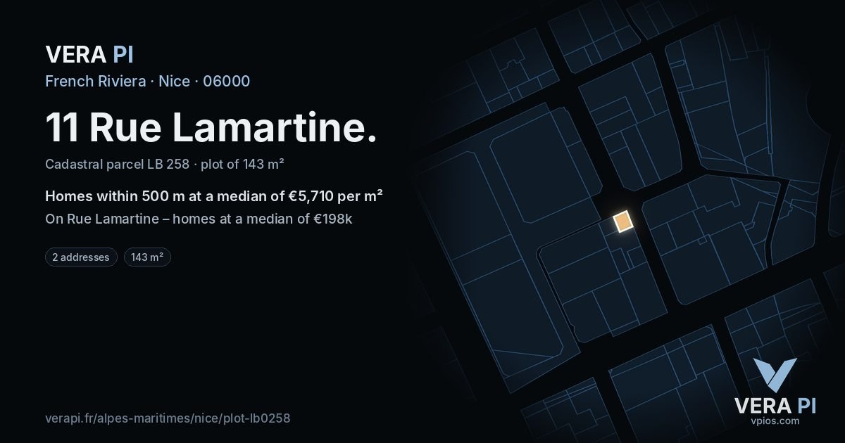 11 Rue Lamartine, Nice at night – the plot lit, the parcels around coloured by the prices near them