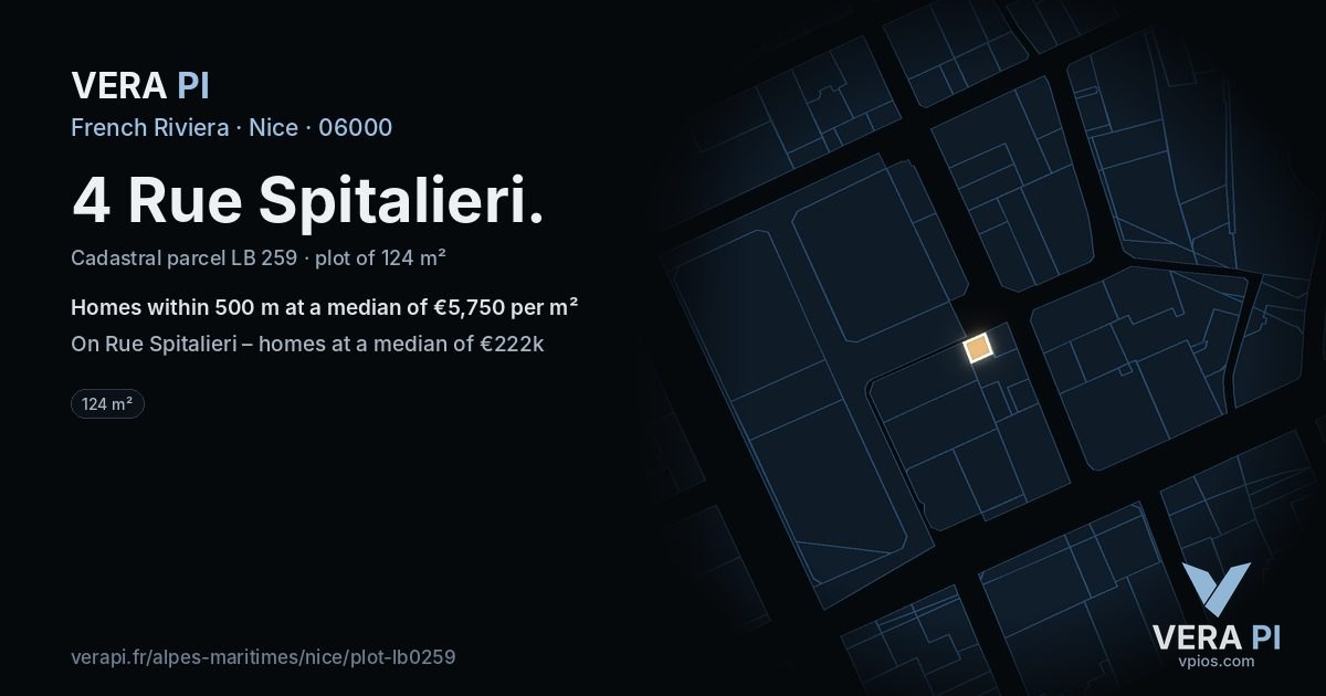 4 Rue Spitalieri, Nice at night – the plot lit, the parcels around coloured by the prices near them