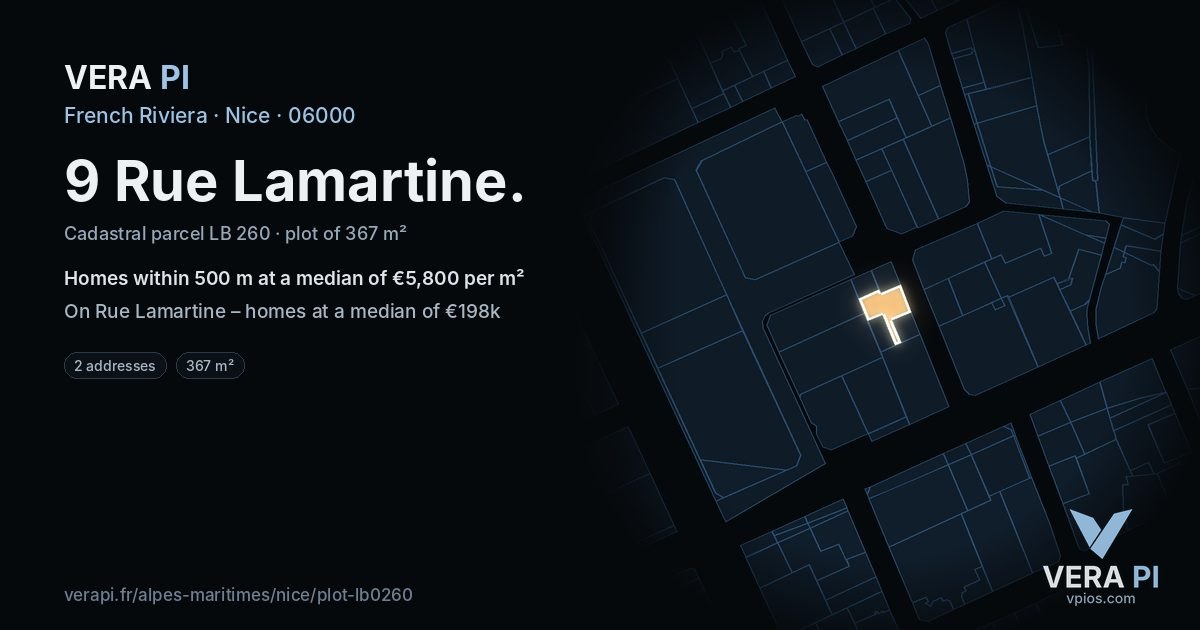 9 Rue Lamartine, Nice at night – the plot lit, the parcels around coloured by the prices near them