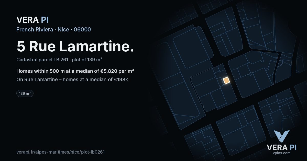 5 Rue Lamartine, Nice at night – the plot lit, the parcels around coloured by the prices near them