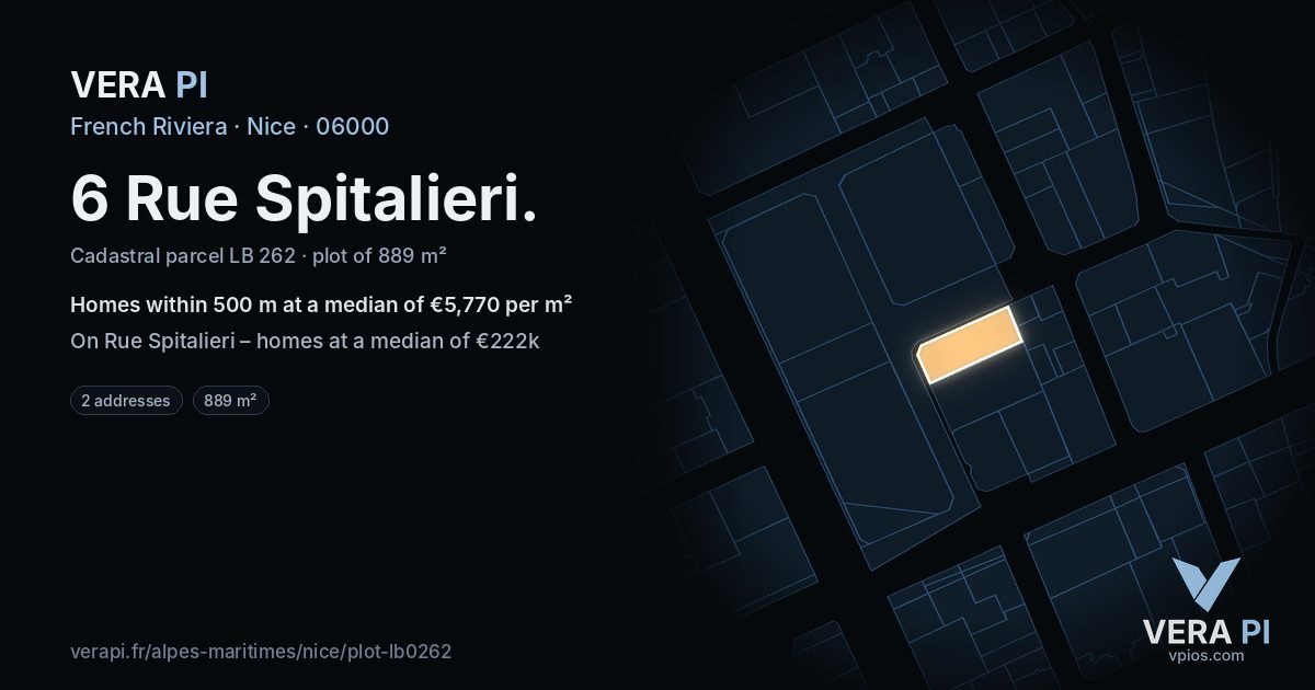 6 Rue Spitalieri, Nice at night – the plot lit, the parcels around coloured by the prices near them