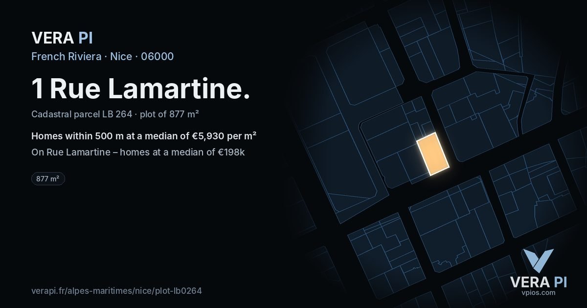 1 Rue Lamartine, Nice at night – the plot lit, the parcels around coloured by the prices near them