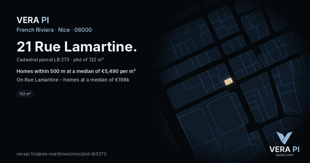 21 Rue Lamartine, Nice at night – the plot lit, the parcels around coloured by the prices near them