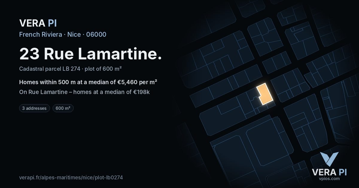 23 Rue Lamartine, Nice at night – the plot lit, the parcels around coloured by the prices near them