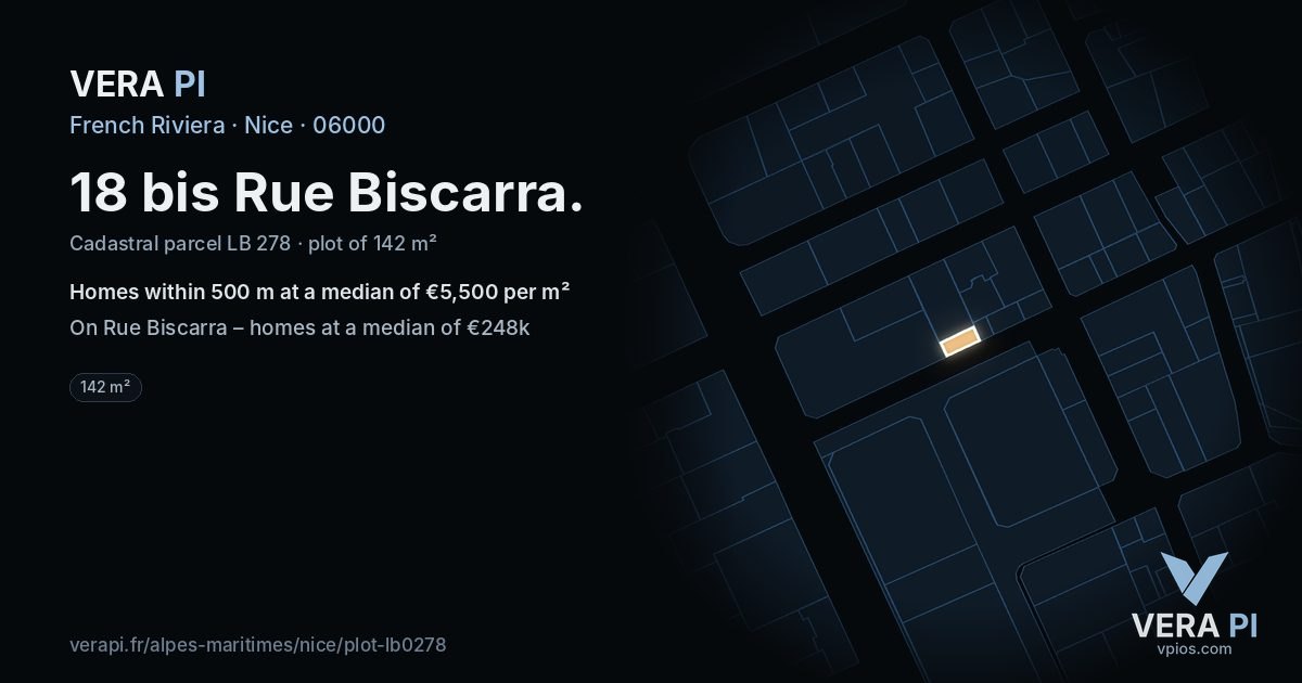 18 bis Rue Biscarra, Nice at night – the plot lit, the parcels around coloured by the prices near them
