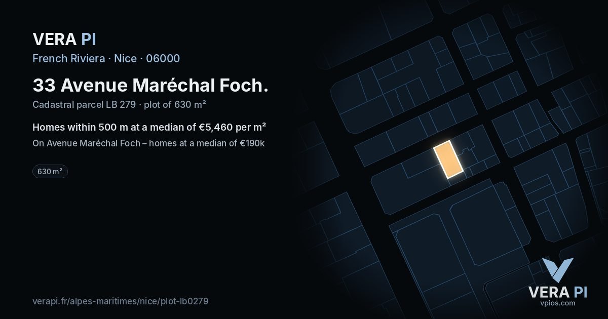 33 Avenue Maréchal Foch, Nice at night – the plot lit, the parcels around coloured by the prices near them
