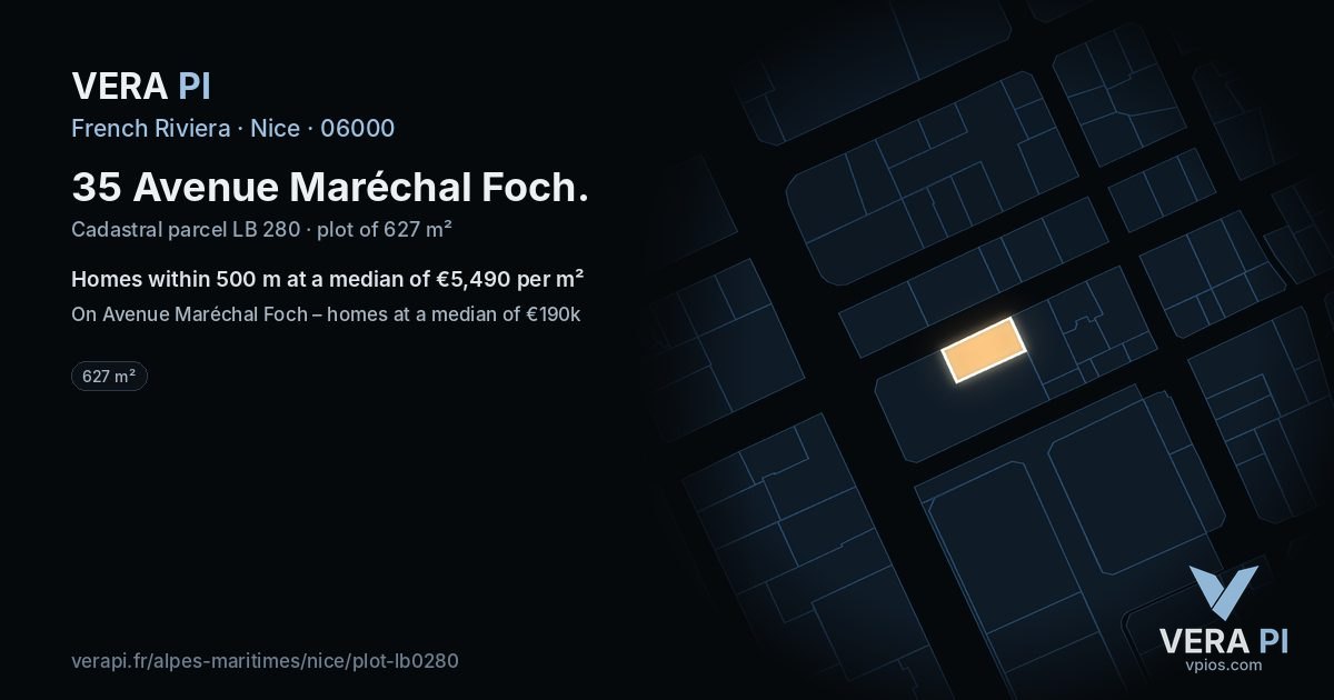 35 Avenue Maréchal Foch, Nice at night – the plot lit, the parcels around coloured by the prices near them