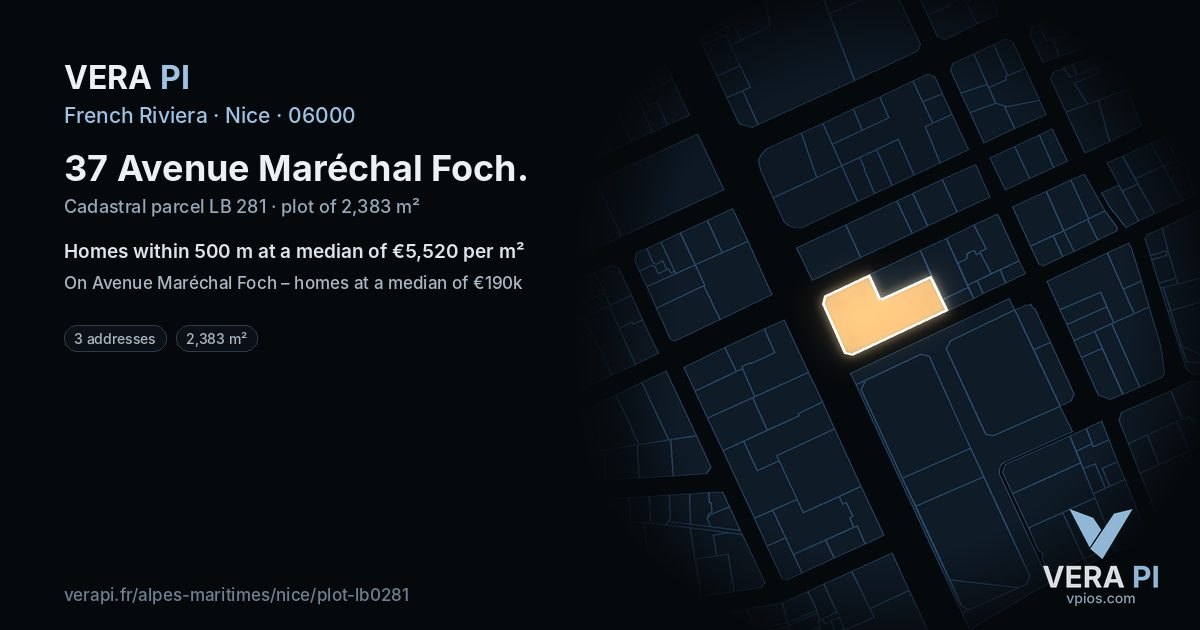 37 Avenue Maréchal Foch, Nice at night – the plot lit, the parcels around coloured by the prices near them