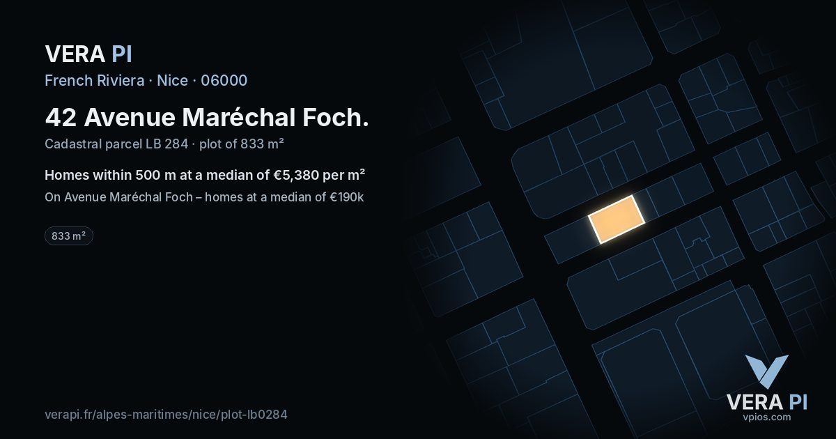 42 Avenue Maréchal Foch, Nice at night – the plot lit, the parcels around coloured by the prices near them
