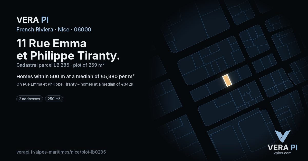 11 Rue Emma et Philippe Tiranty, Nice at night – the plot lit, the parcels around coloured by the prices near them